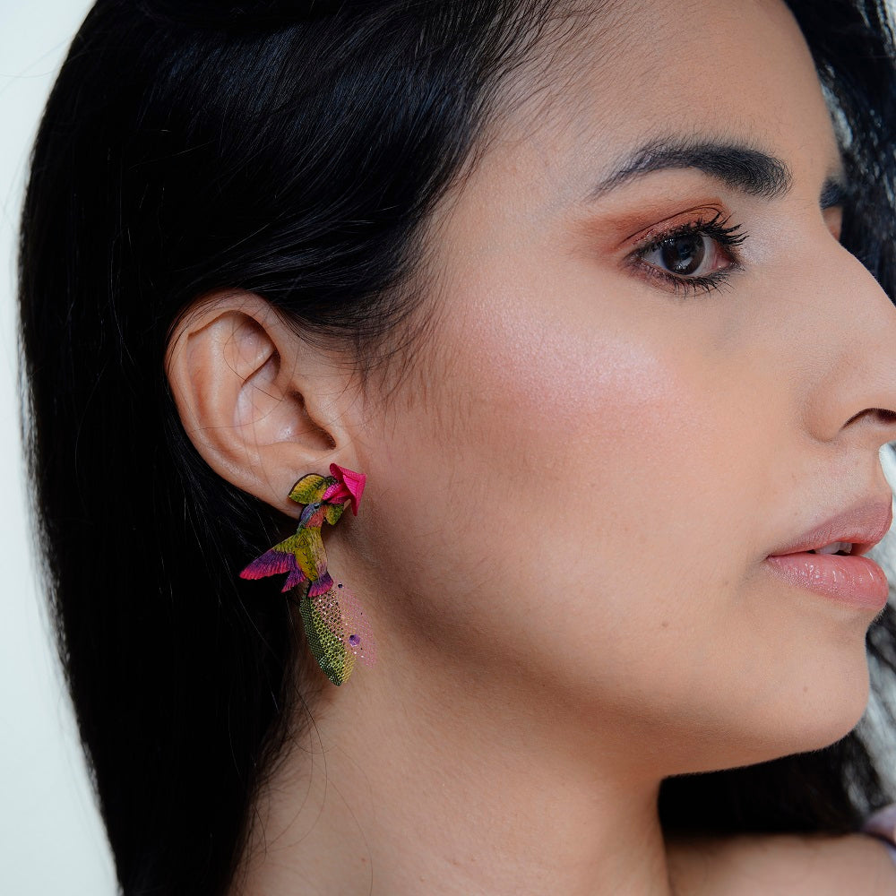Model Wearing Pink Anna's Hummingbird Earrings-SM-2in Long-Tulia's Artisan Gallery