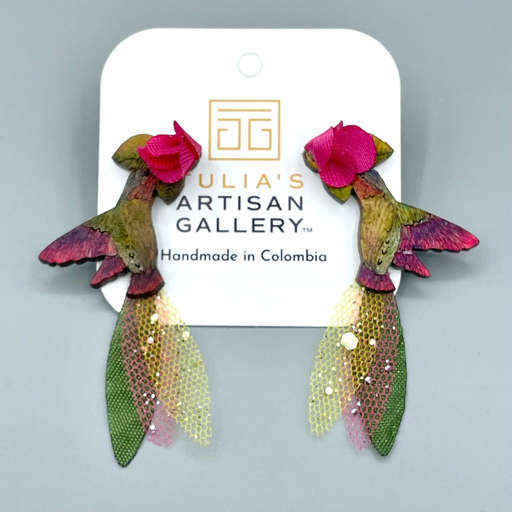 Pink Anna's Hummingbird Earrings-SM-2in Long-Tulia's Artisan Gallery
