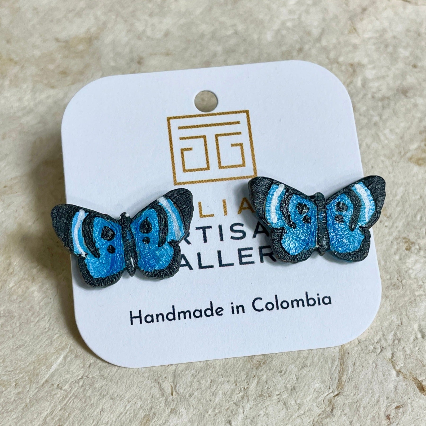 Blue Green Enamel Golden Vivid Butterfly Stud Earrings | Bailes
