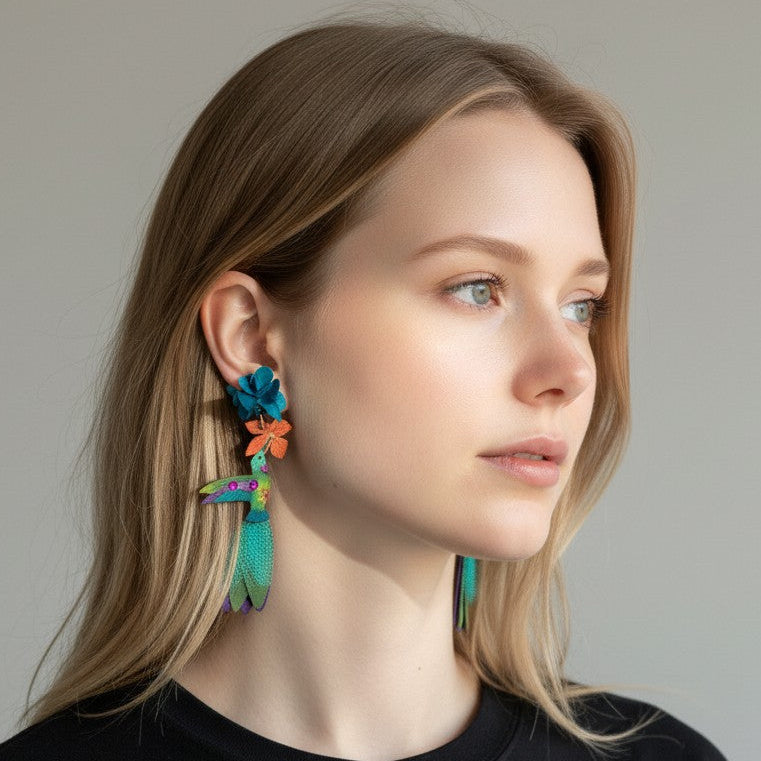 Ruby Throated Hummingbird Earrings-LG