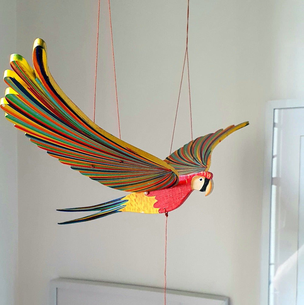Parrot Macaw Bird Flying Mobile. Ethical Home Decor. Handmade & Hand painted in Colombia. 