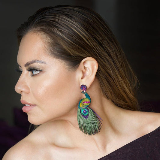 Model wearing Peacock Earrings-XL-4.5in Long-1-Tulia's Artisan Gallery