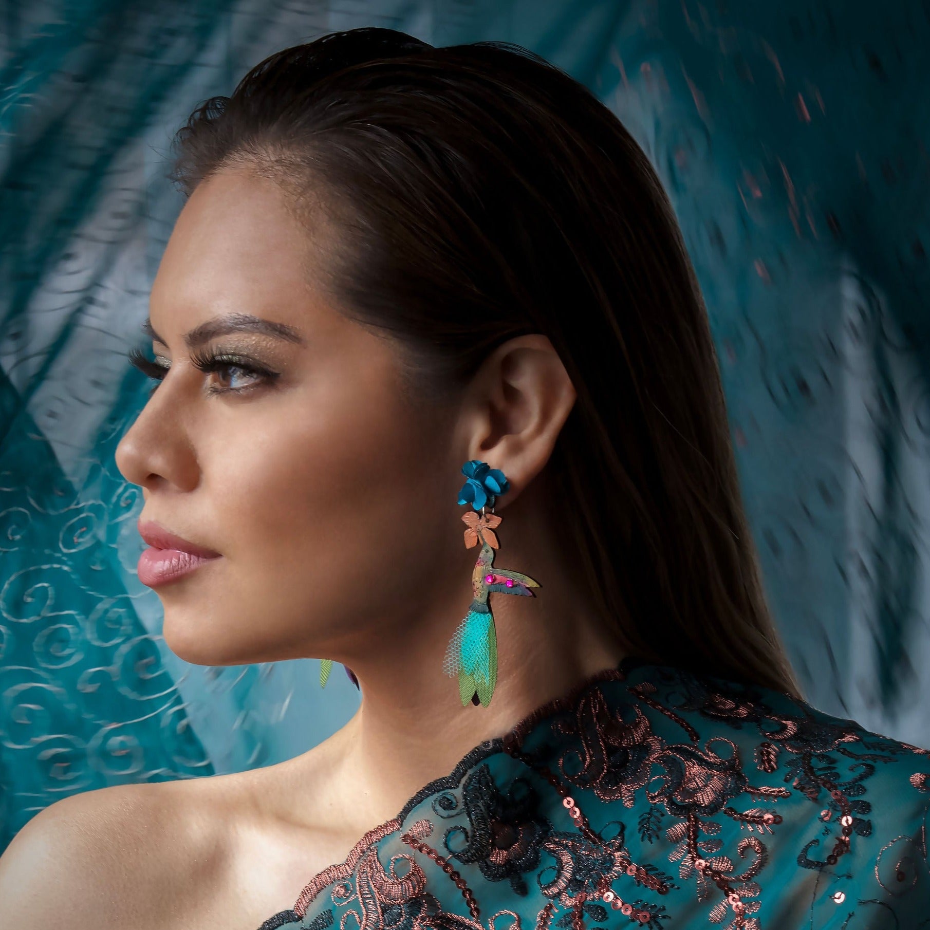 Model Wearing Ruby Throated Hummingbird Earrings-LG-3.5in Long-Tulia's Artisan Gallery