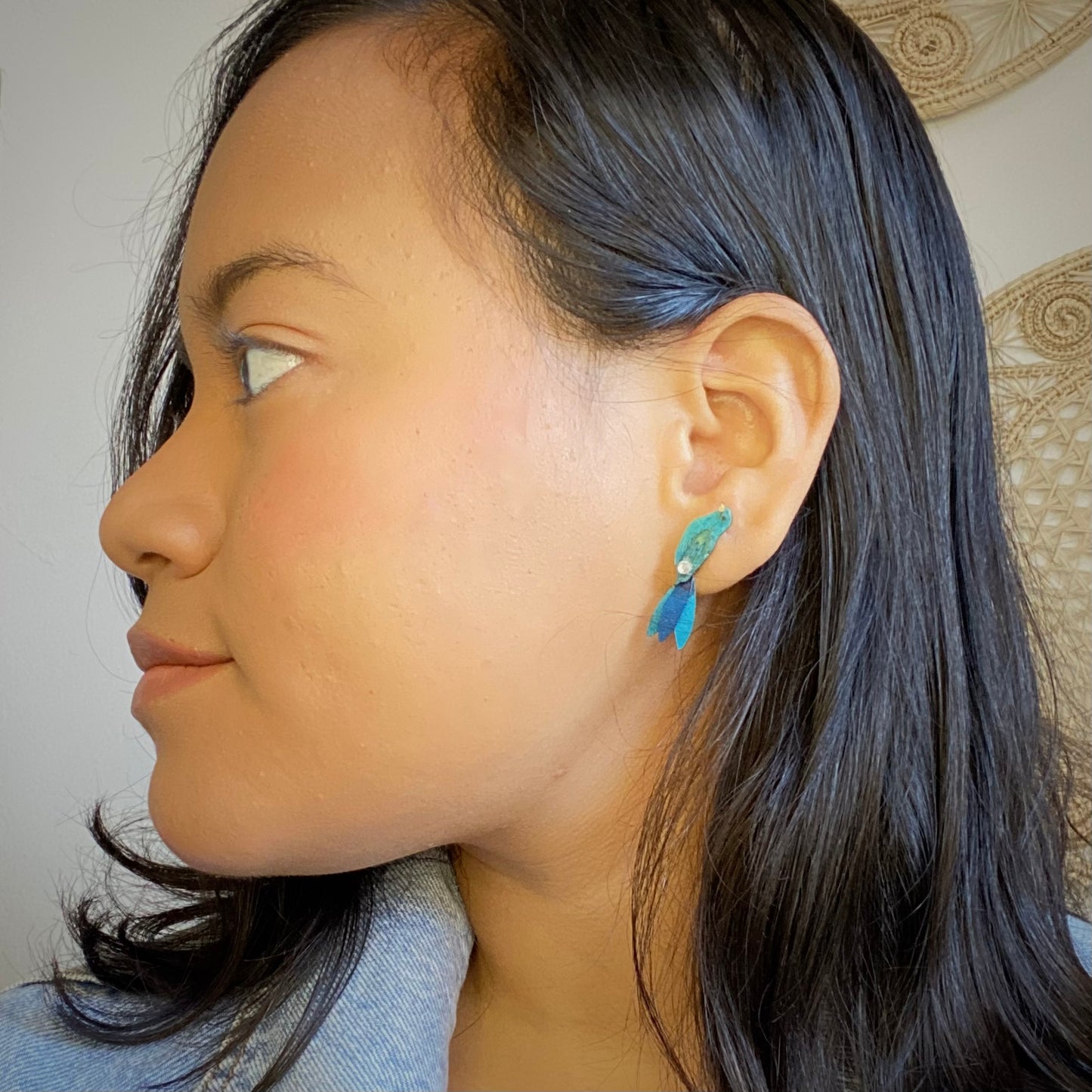 Blue Bird earrings small posts.  Handmade in Colombia. 
