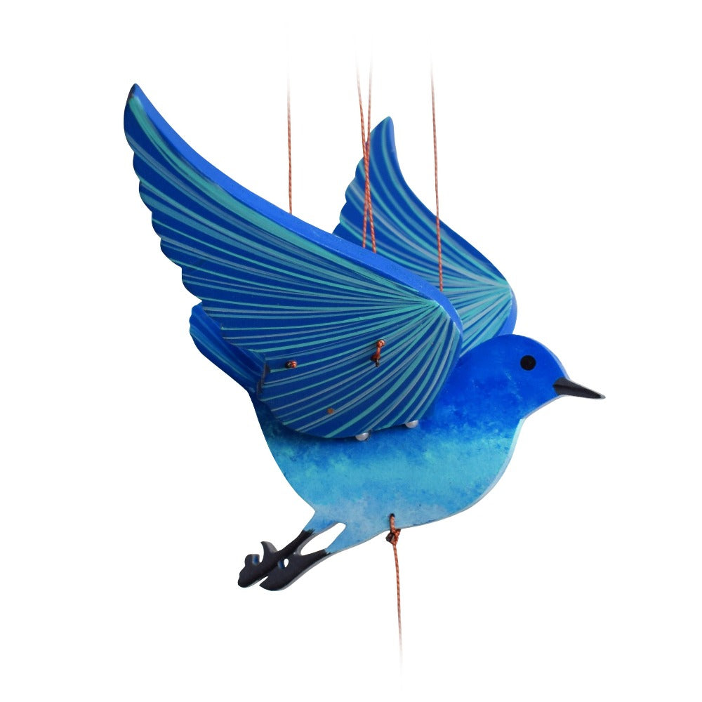 Blue Bird of Happiness Flying Mobile ethical home decor handmade in Colombia. Painted wood mobile