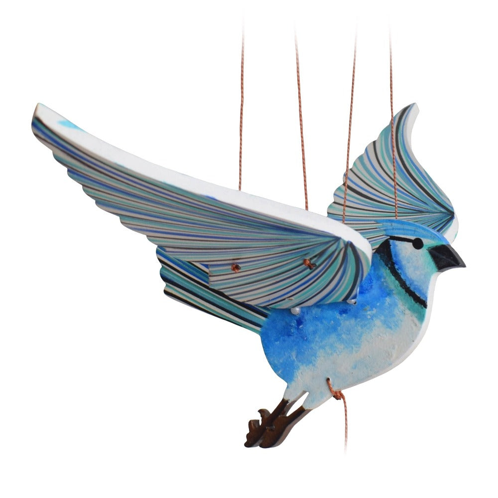 Blue Jay Flying Mobile. Ethical Home Decor. Handmade in Colombia. Hand-painted wooden mobile.