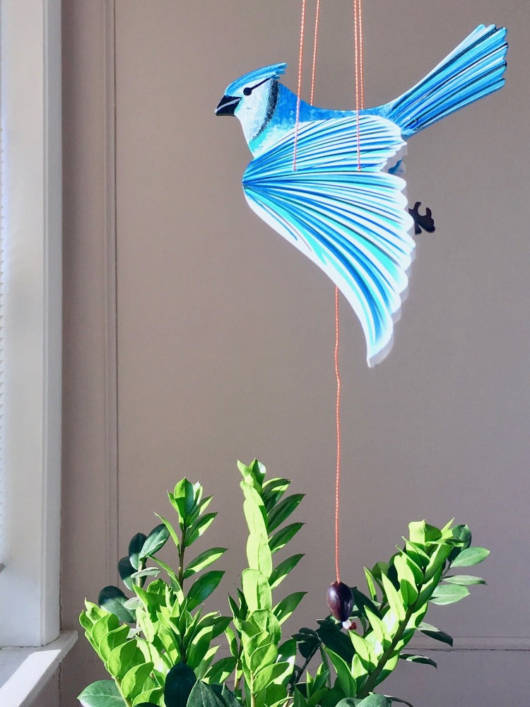 Blue Jay Flying Mobile. Ethical Home Decor. Handmade in Colombia. Hand-painted wooden mobile.