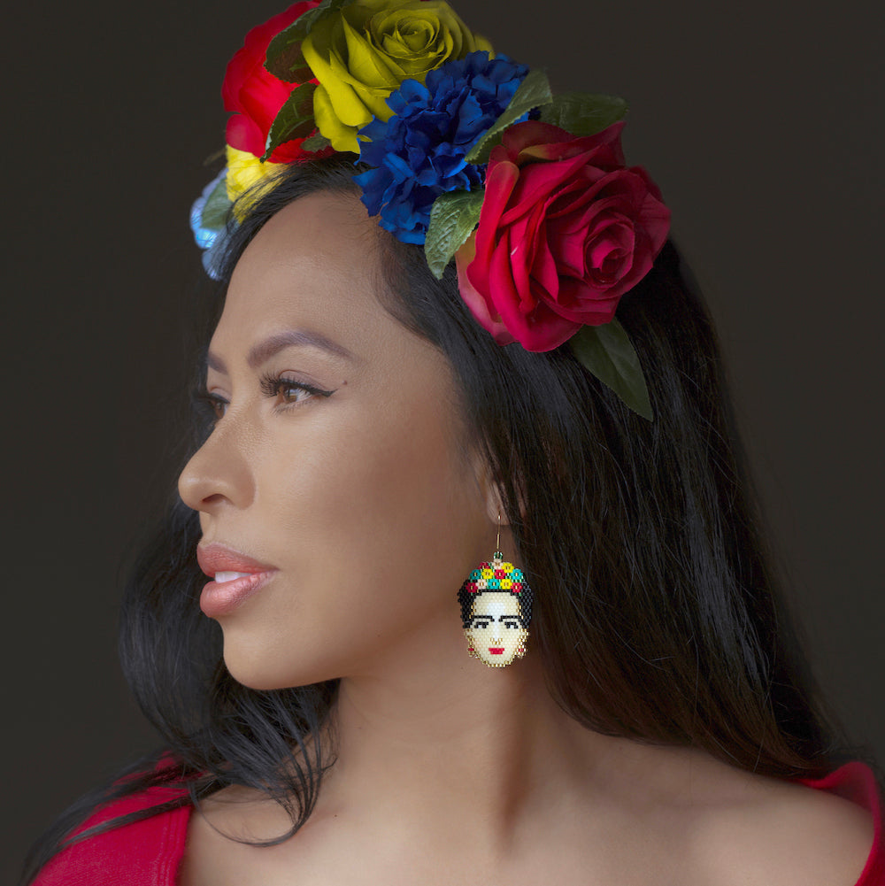 Model wearing Beaded Frida Kahlo Earrings.