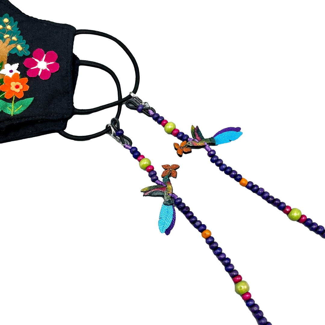 Ruby throated hummingbird chain attached to face mask.  Handmade in Colombia. 