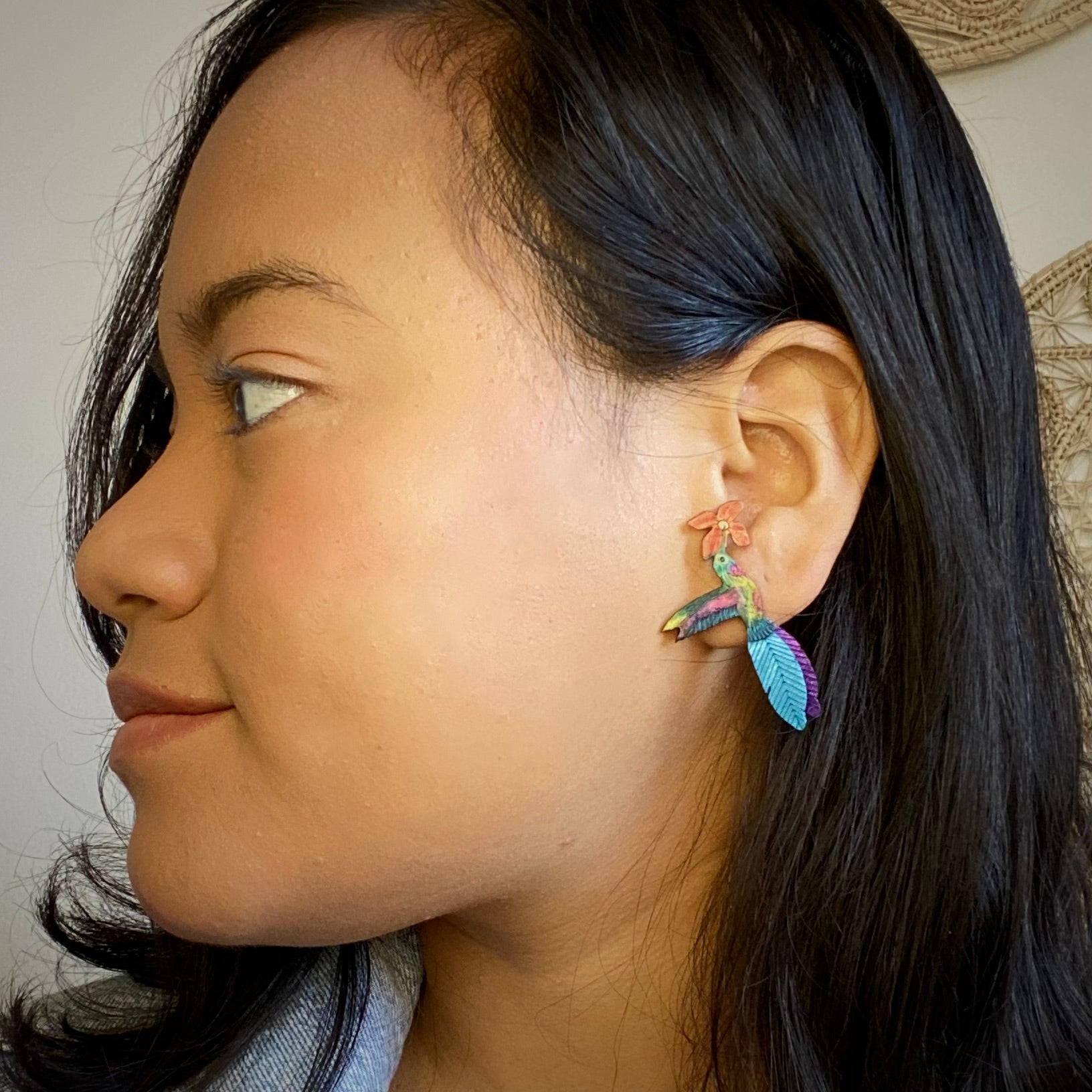 Sm Ruby Throated Hummingbird earrings posts.  Handmade in Colombia. 