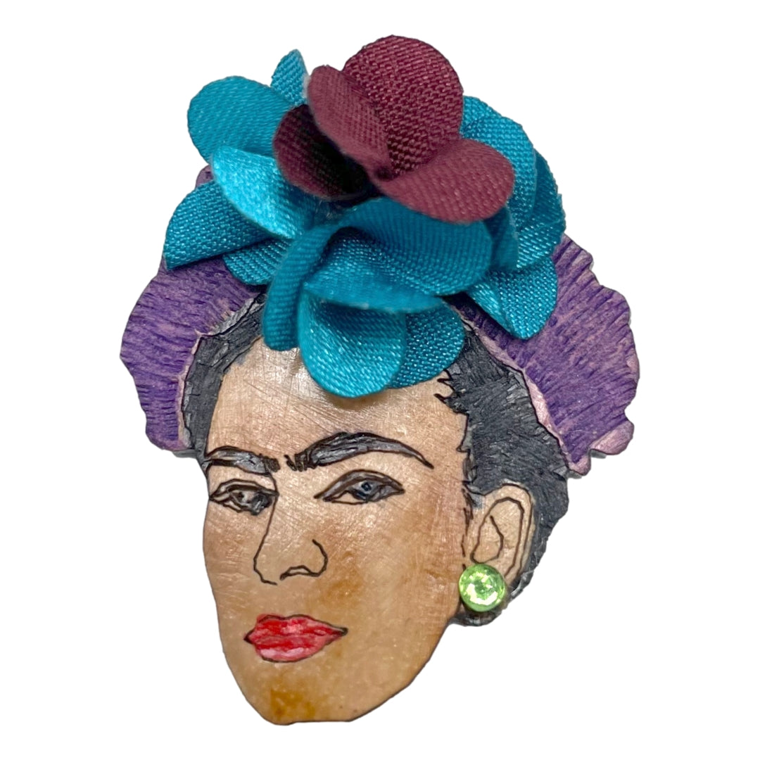 Frida Kahlo Brooch made of totumo gourd.  handmade in Colombia.  