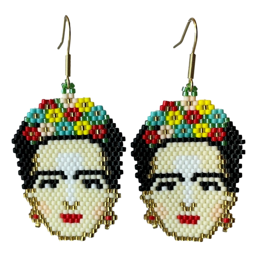 Frida Kahlo earrings.  Handmade in Colombia. Miyuki glass beads with gold-plated surgical steel earwires. 