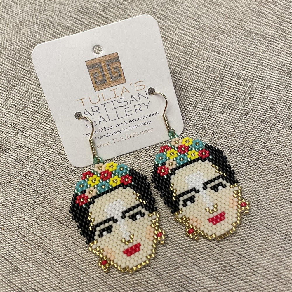 Frida Kahlo earrings.  Handmade in Colombia. Miyuki glass beads with gold-plated surgical steel earwires. 