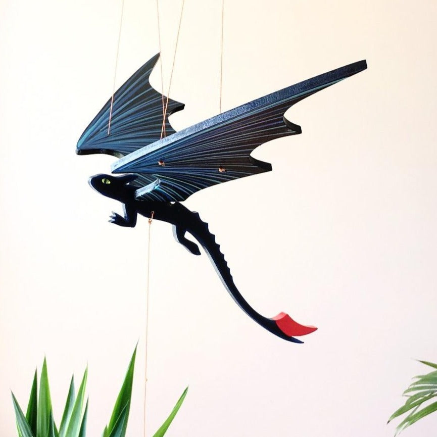 Black Dragon Toothless flying mobile ethical home decor handmade painted wooden mobile