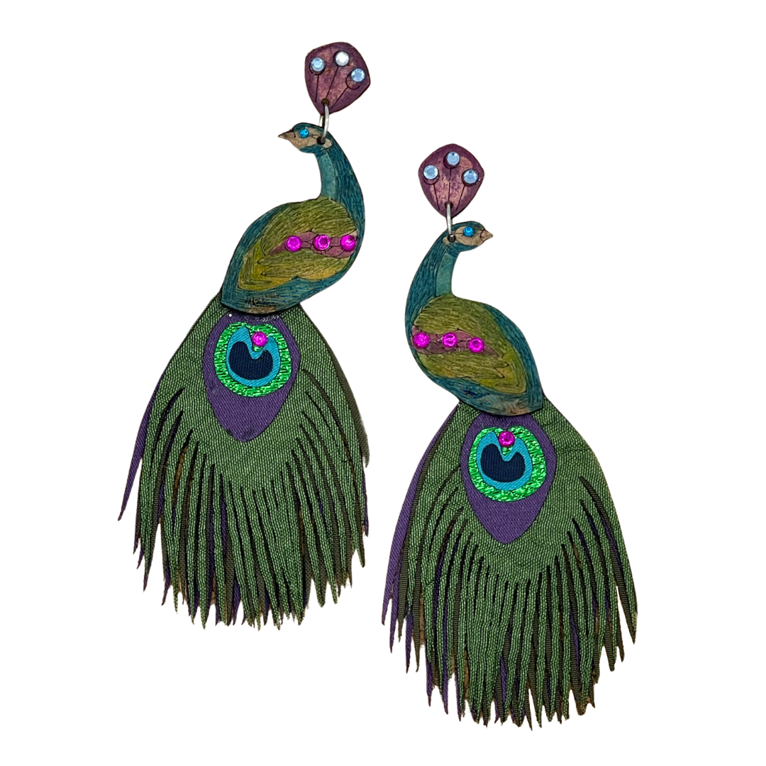 Peacock Earrings-XL-4.5in Long-Tulia's Artisan Gallery