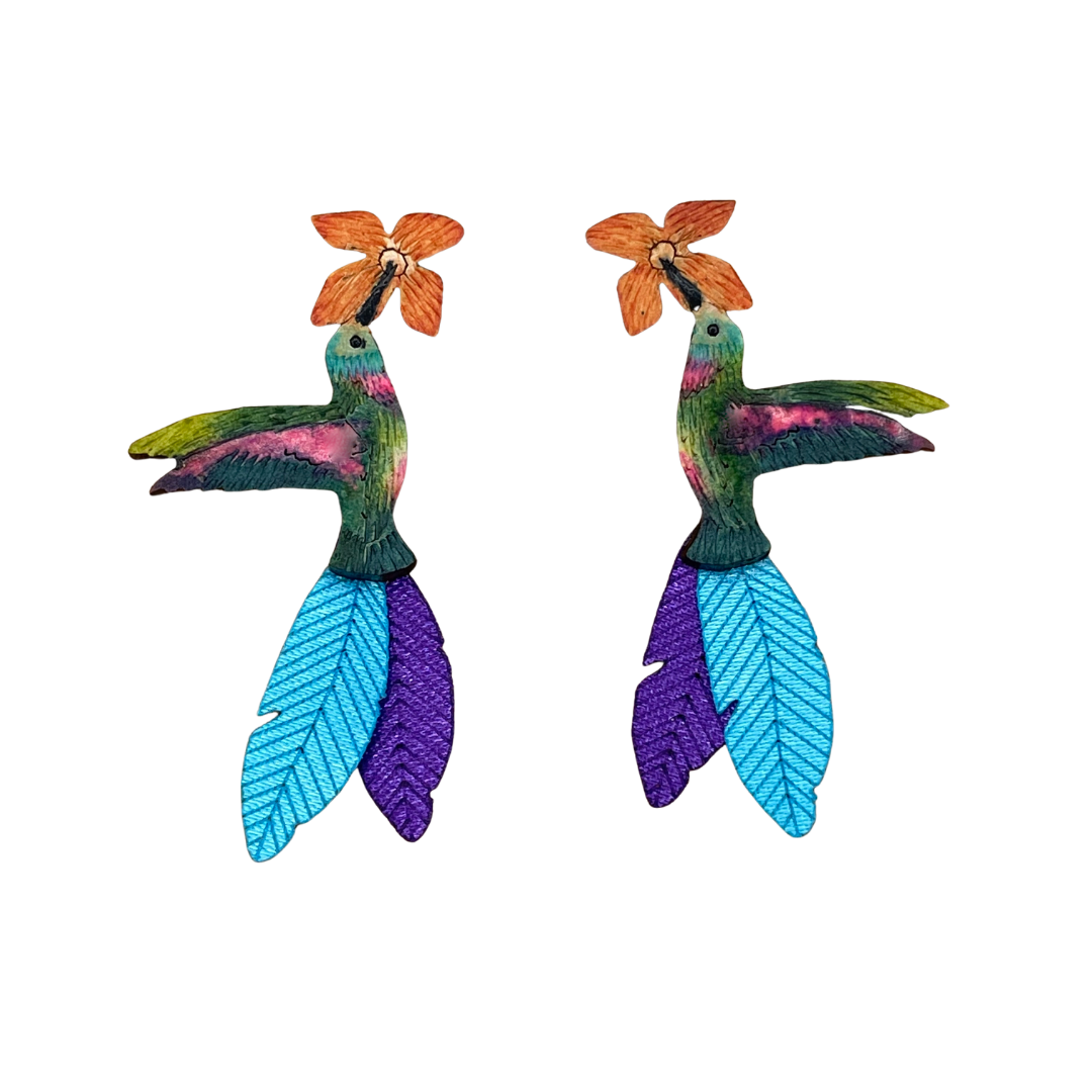 Ruby Throated Hummingbird Earrings-SM-2in Long-Tulia's Artisan Gallery