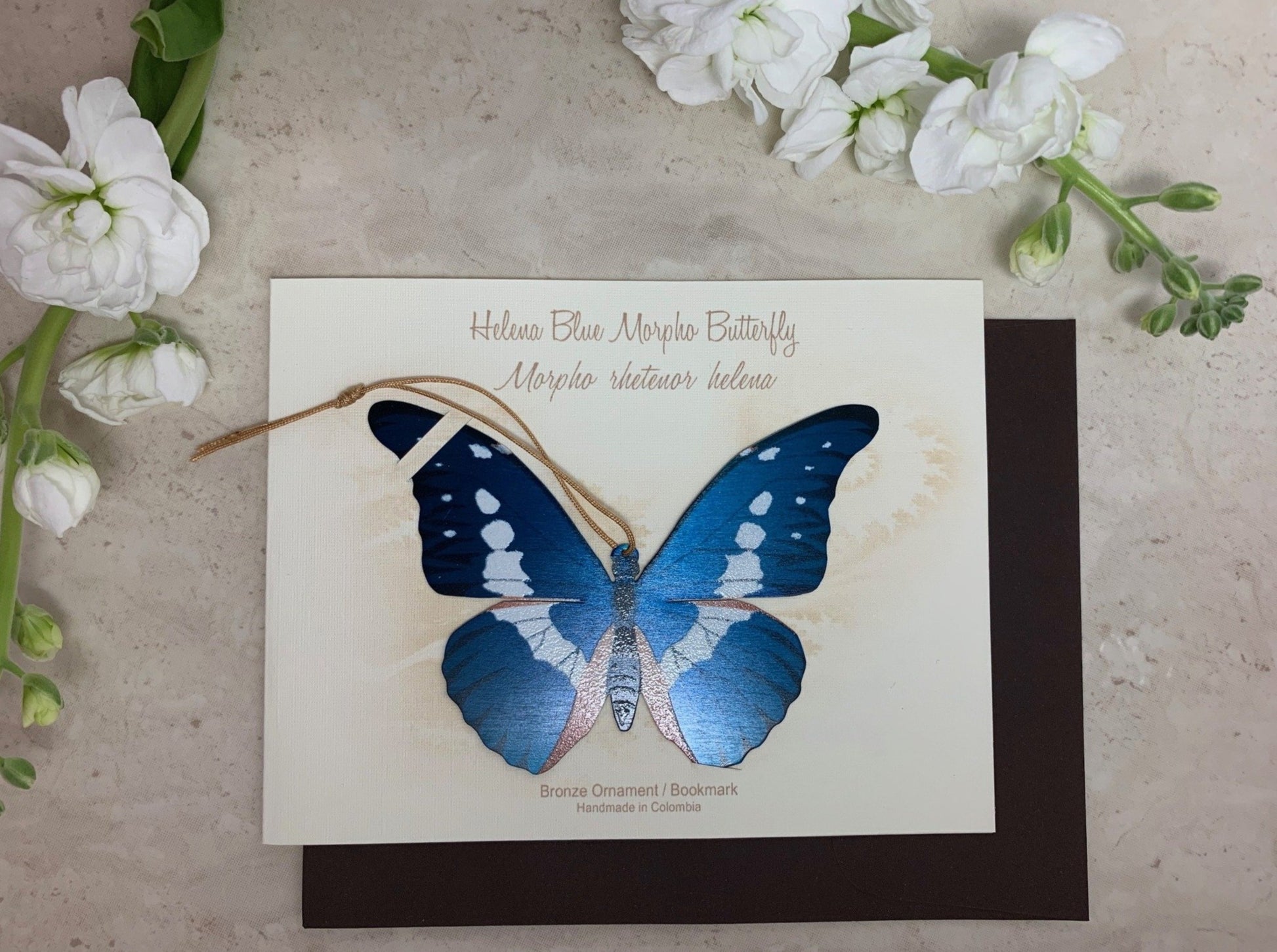 Helena Blue Morpho Butterfly Ornament Notecard ethical gift Thank you Sympathy Get Well Birthday