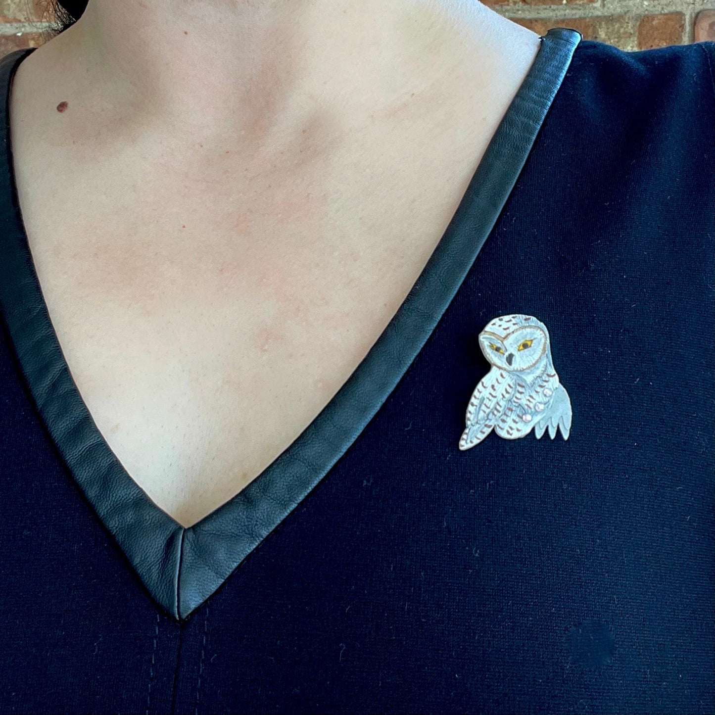 Owl Brooch on model.