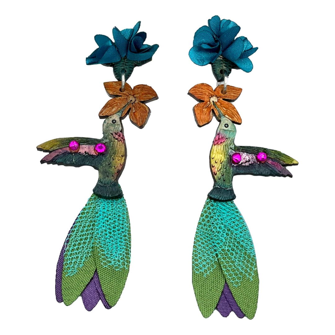Ruby Throated Hummingbird Earrings-LG-3.5in Long-Tulia's Artisan Gallery