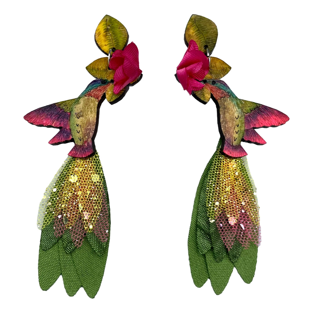 Pink Anna's Hummingbird Earrings-LG-3.5in Long-2-Tulia's Artisan Gallery