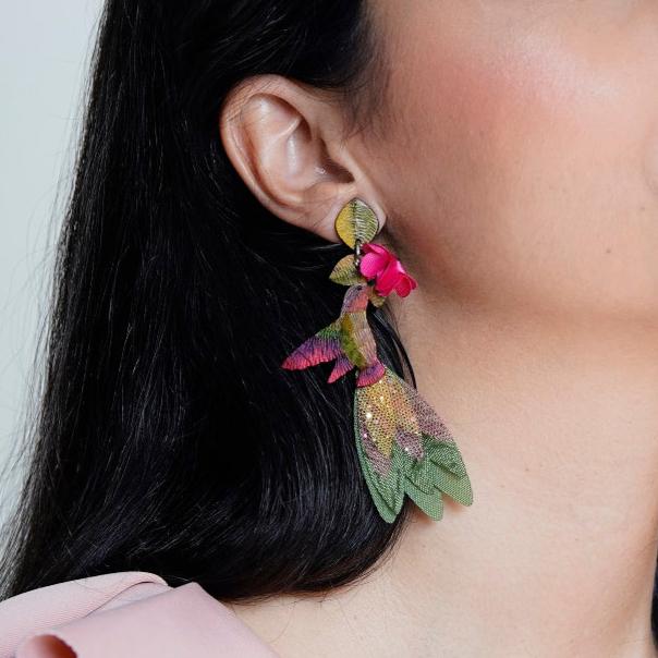 Model Wearing Pink Anna's Hummingbird Earrings-LG-3.5in Long-Tulia's Artisan Gallery