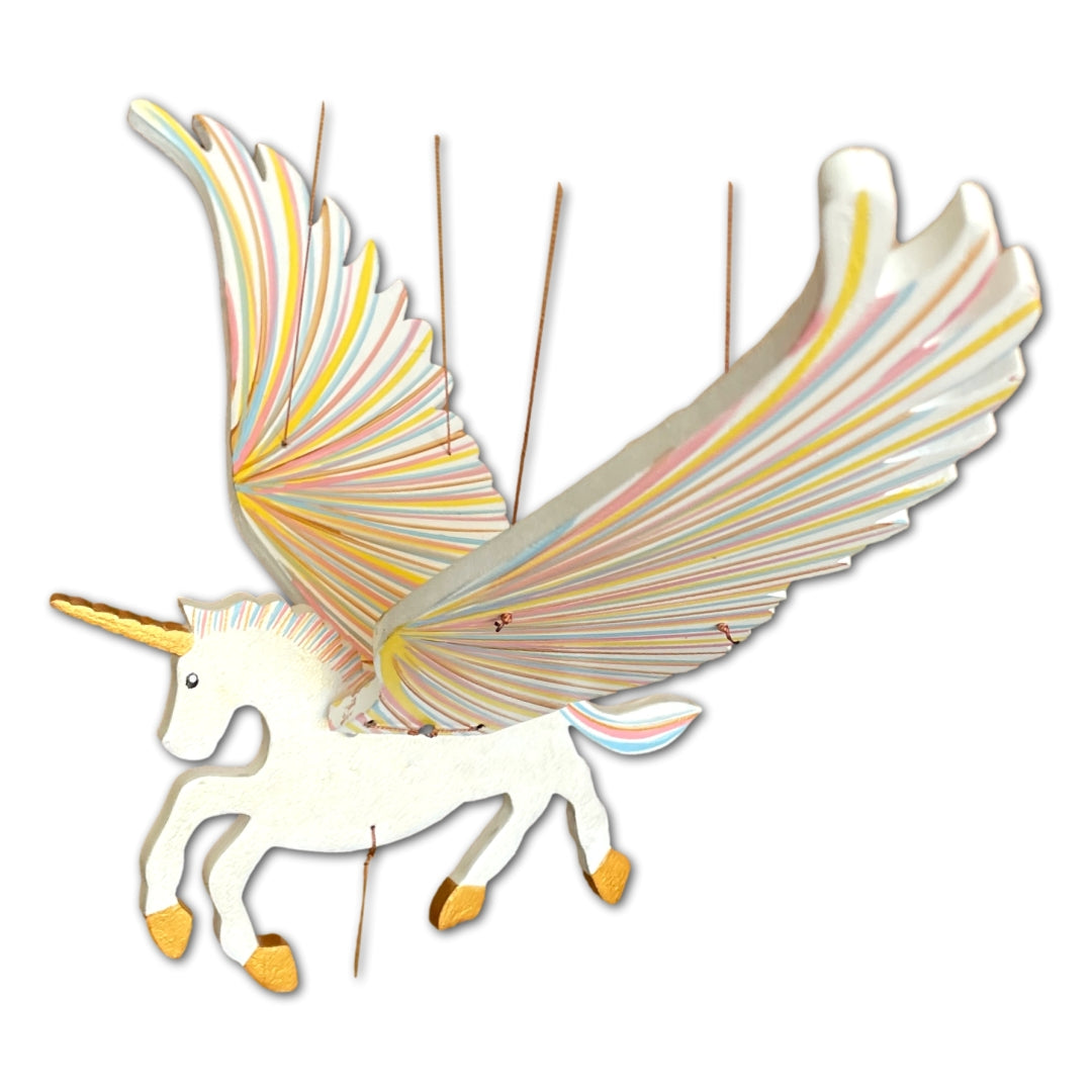 Unicorn Alicorn Flying Mobile.  Handmade in Colombia.  White body with gold horn and hooves. 