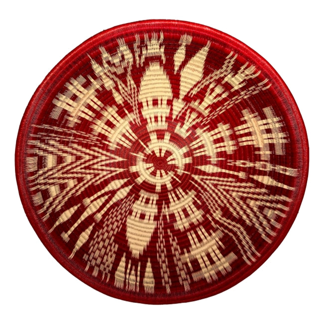 Indigenous Wounaan Art Plate bowl from Colombia. Handmade & Fair Trade. Red & White. Chunga Palm basket