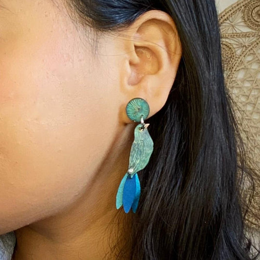 Blue Bird Lg Earrings on Model.  Handmade in Colombia.