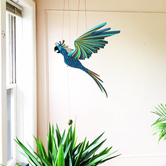 Blue Cockatiel Parrot Flying Bird Mobile - Handmade Gift - Ethical Home Decor